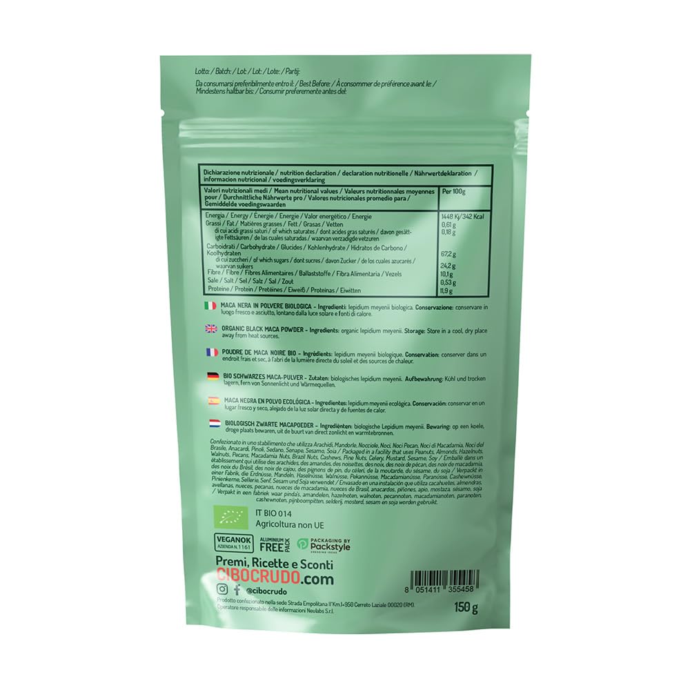 Cibocrudo Maca Nera Delle Ande In Polvere Biologico, Black Maca Powder Raw Organic, Provenienza Perù, Pura Al 100%, Fonte Di Amminoacidi, Acidi Grassi, Calcio, Fosforo, color Beige, 150 g