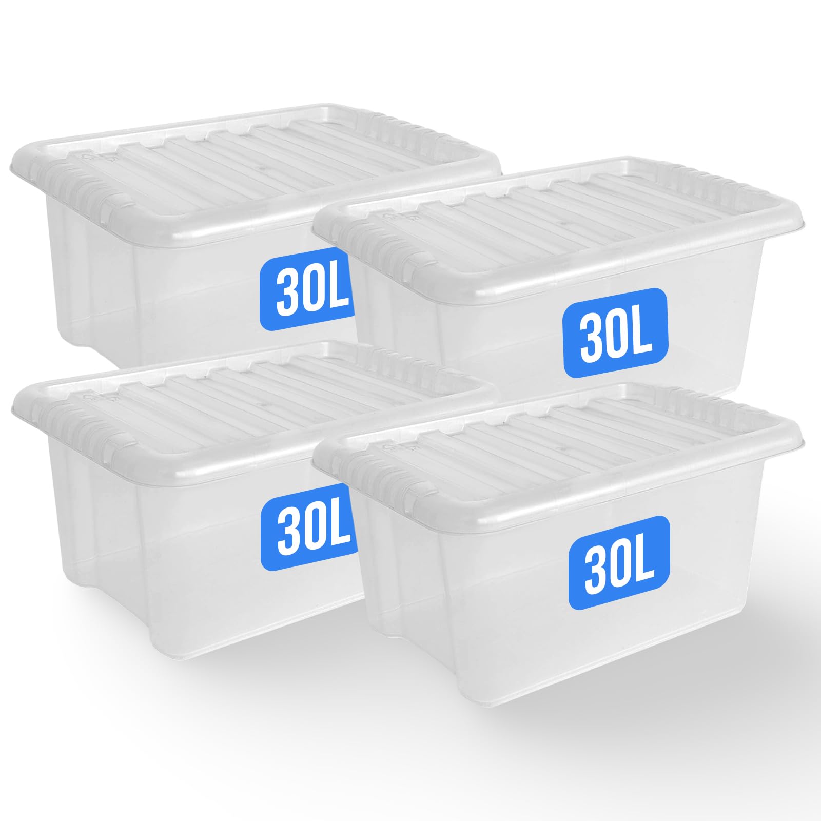 Kapco Clear Organisational Tubs – 4 X 30L Plastic Storage Boxes With Secure Lids | Medium Plastic Storage Solution Ideal For Toys, Wardrobe & Kitchen Organiser | Strong, Stackable, Nestable | 30 Litre