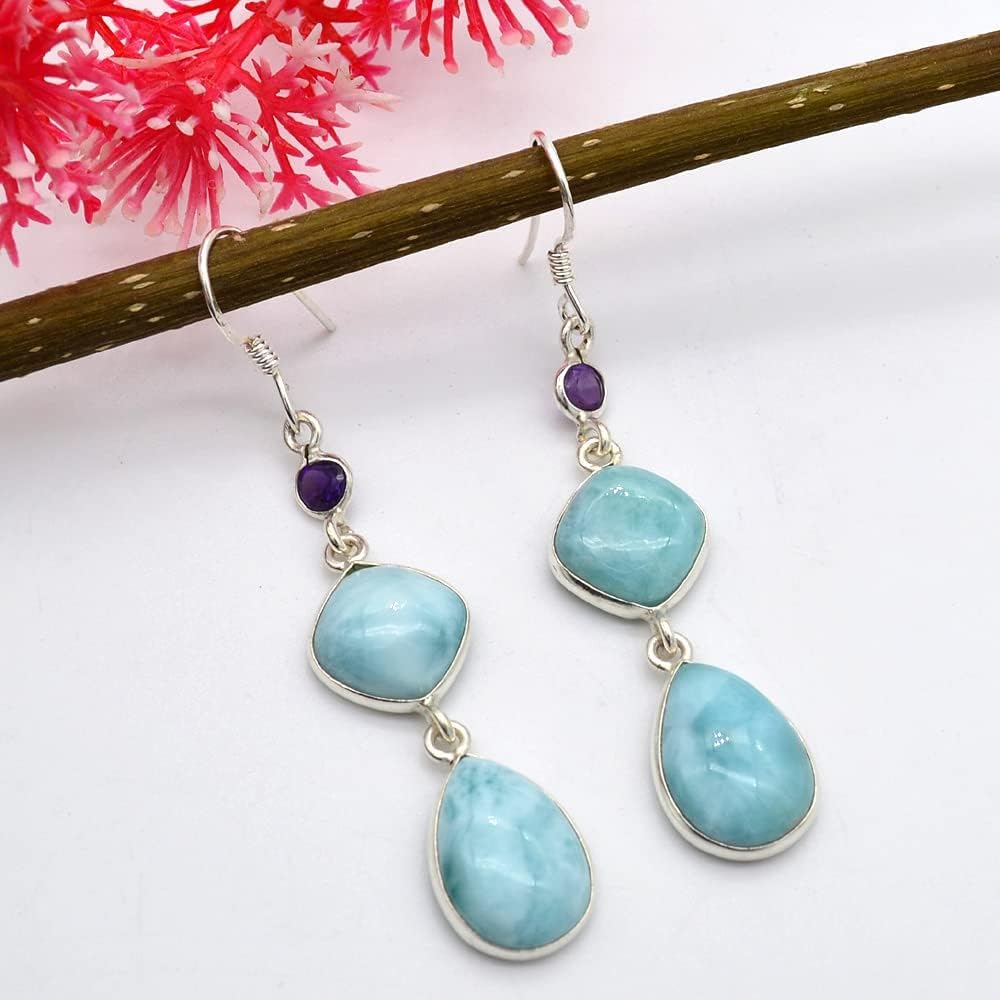 Natural Larimar Amethyst Earring,925 Sterling Silver Earring Boho Earring Handmade Designer Drop & Dangle Ear ring For Anniversary Silver Earring