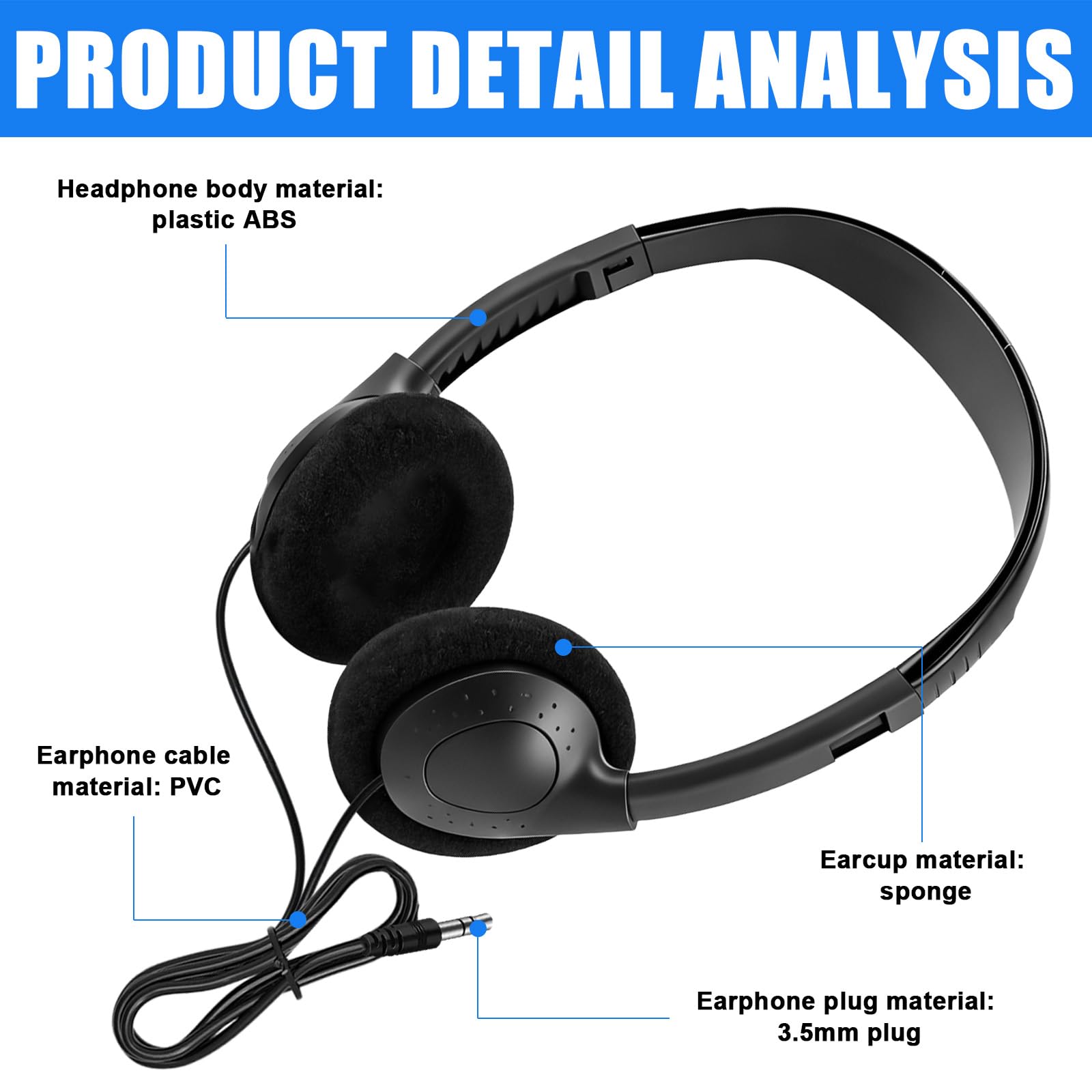 Kopfhörer mit 3.5 mm Klinkenanschluss, 10 Pack kopfhörer schule, Lautstärke Verstellbar On-Ear Headset mit 1.2 m Kabel, Bügelkopfhörer klinkenstecker für Computer, Laptop, Tablet Multimedia-Geräte