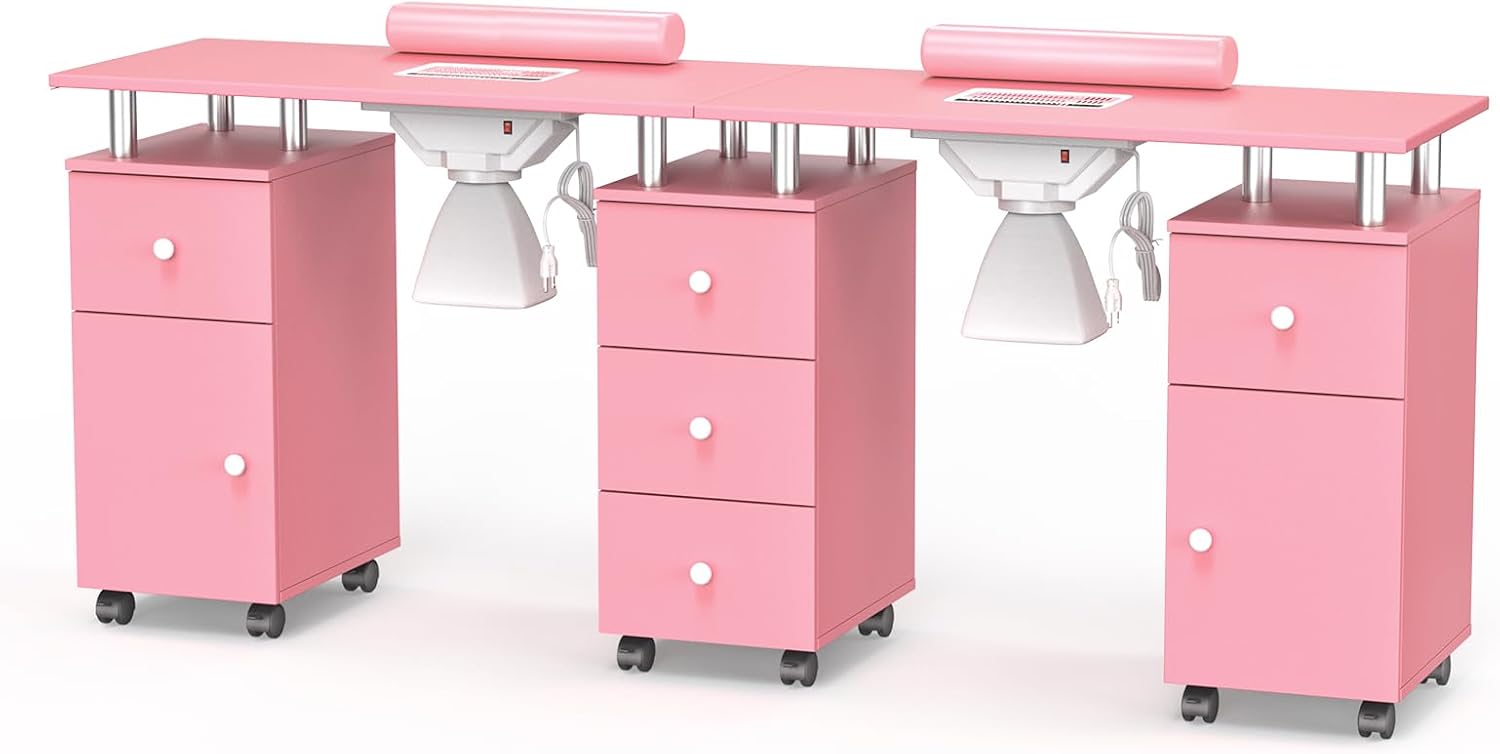 OmySalon Double Manicure Table w/Dust Collector, Nail Table Station for Nail Tech, Makeup Desk w/Wheels Arm Rest Drawers Cabinet Storage, for Beauty Spa Salon, Acetone Resistant (Pink)