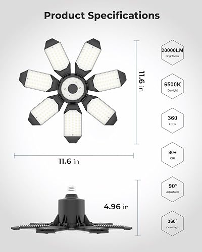 Miniatura 7 de Paquete de 2 bombillas de luz de garaje, ultra brillantes 250 W 25000 lúmenes, luz de techo de 6500 K con 7+1 paneles deformables para garaje,