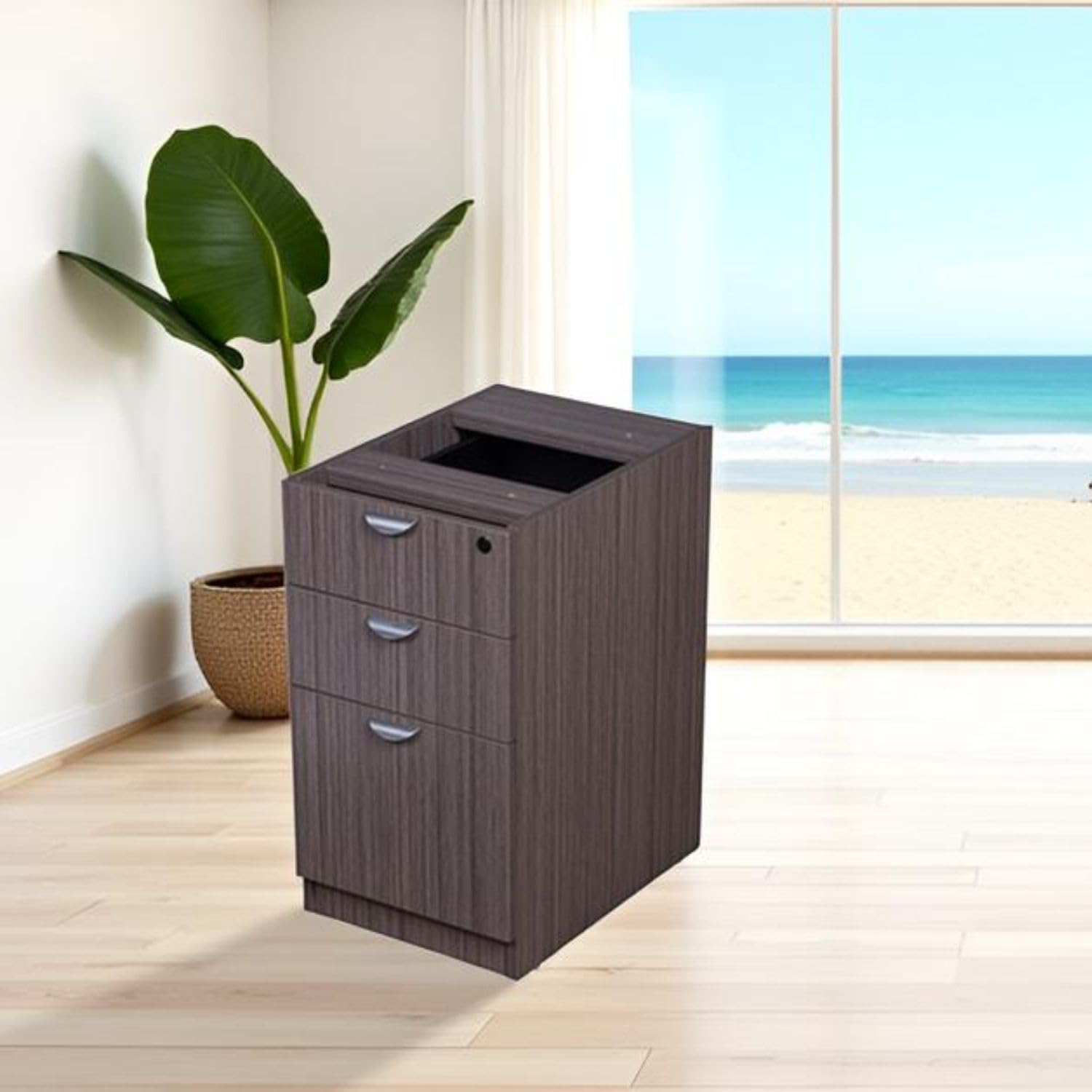Driftwood Laminate Deluxe Locking Pedestal Two Box Drawers File Cabinet Desk Thermal Fused Melamine Construction with 3mm PVC Edge Banding Scratch Resistant Finish Contemporary Design