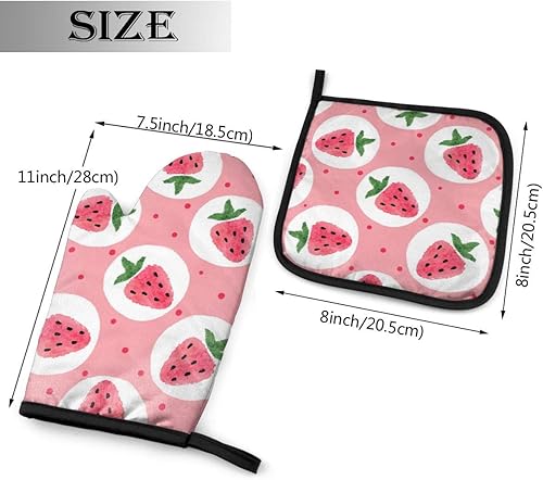Miniatura 2 de Juego de 2 manoplas de horno y soportes para ollas de fresa rosa, resistentes al calor, bonitos guantes de horno con superficie antideslizante para