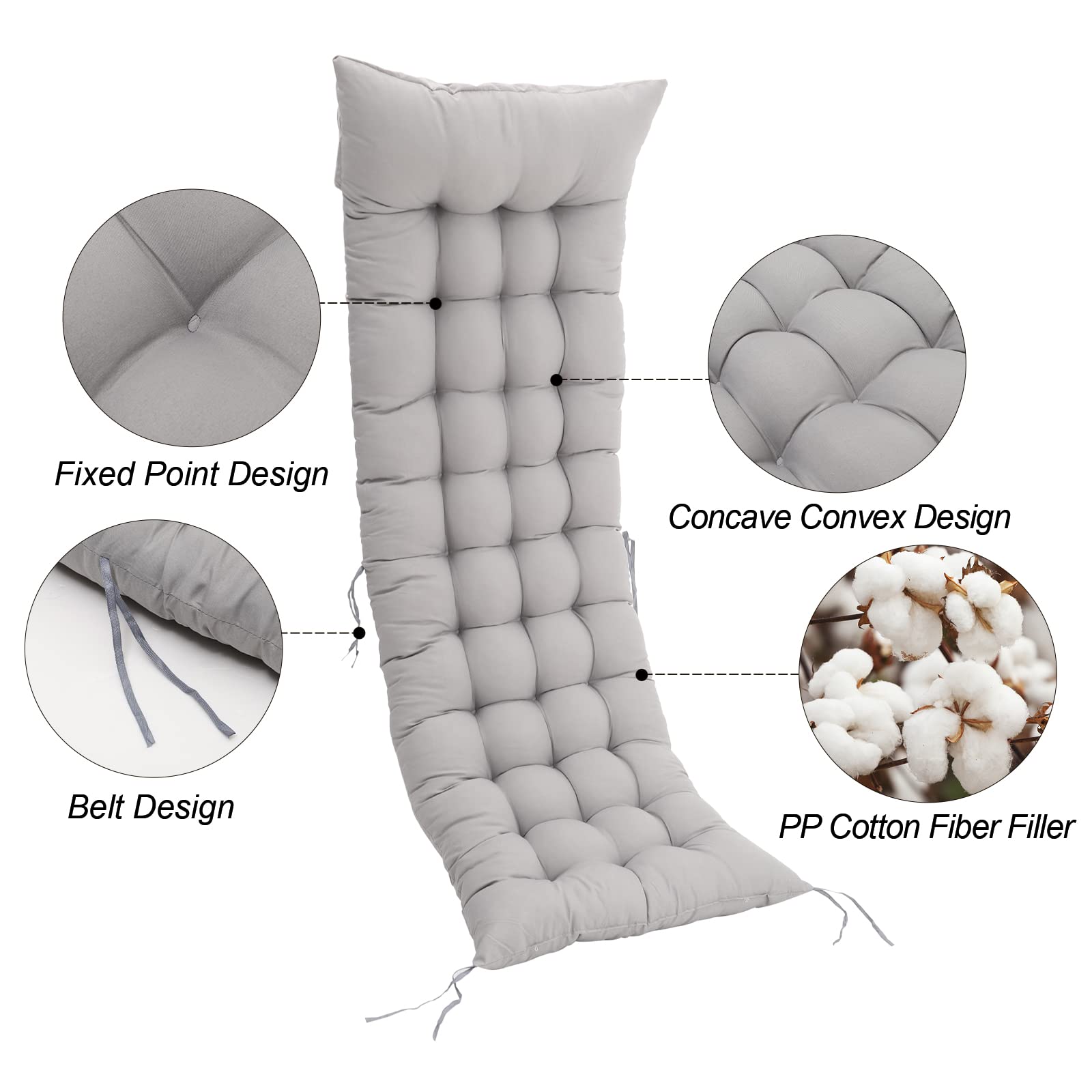 Warmiehomy Cuscino per sedia a sdraio con antiscivolo, 160 x 50 x 8 cm, per lettino da giardino, per esterni, spesso e confortevole, con fascia di regolazione, cuscino per sedia a sdraio, grigio
