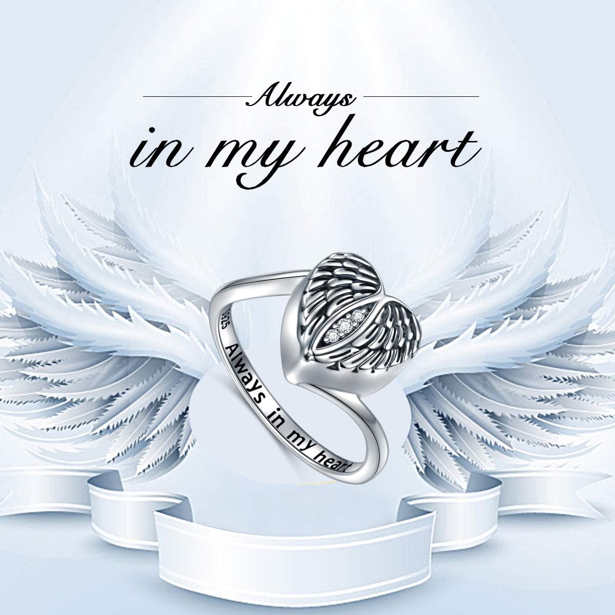 FLYOW 925 Sterling Silver Angel Wings Urn Heart Ring Hold Loved Ones Ashes Always in My Heart Keepsake Memorial Jewelry Oxidation Effect Cremation Rings for Women Girls - Image 7