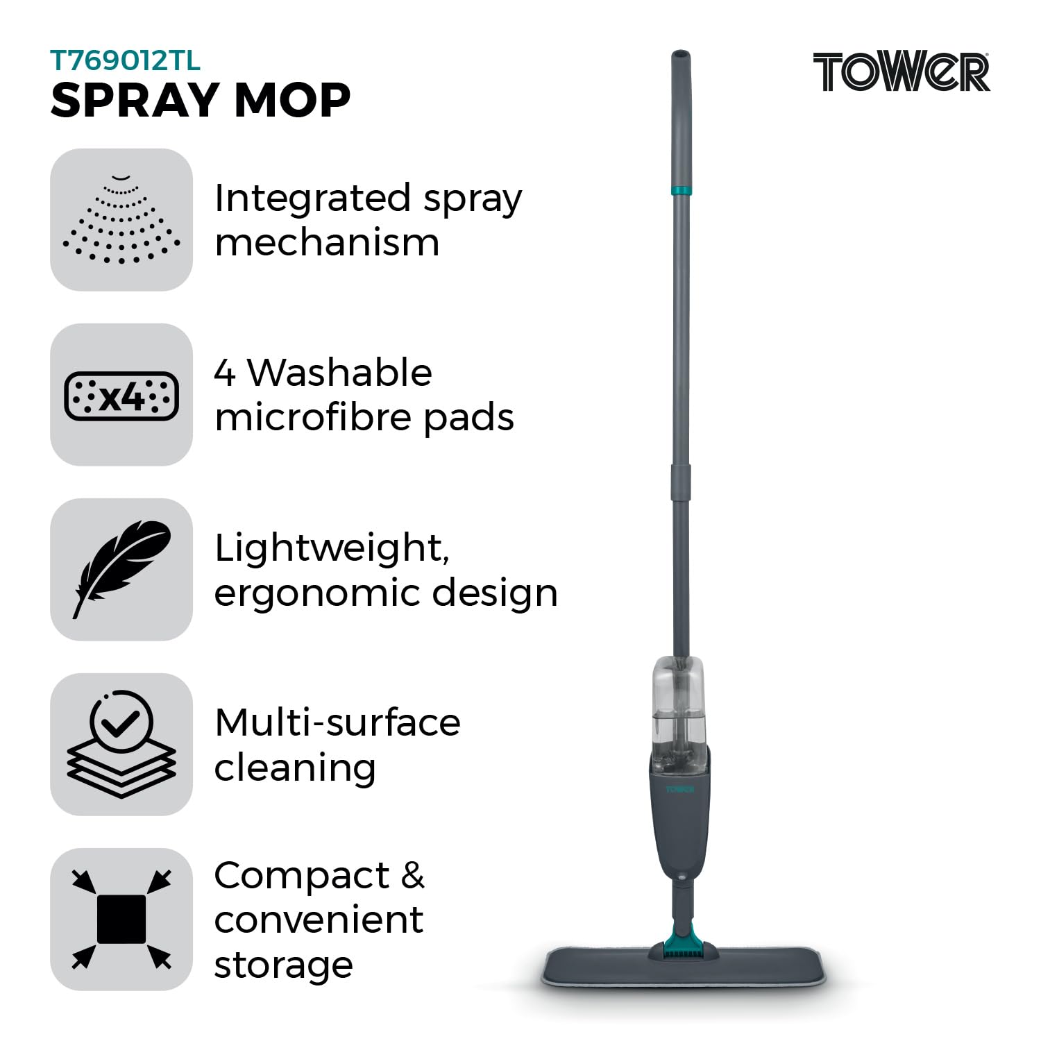 Tower Trapeador en Aerosol con 4 Almohadillas de Microfibra Lavables y Botella Recargable de 500 ml, Ligera, ergonómica, Limpieza multisuperficie, Antracita y Verde Azulado, T769012TL