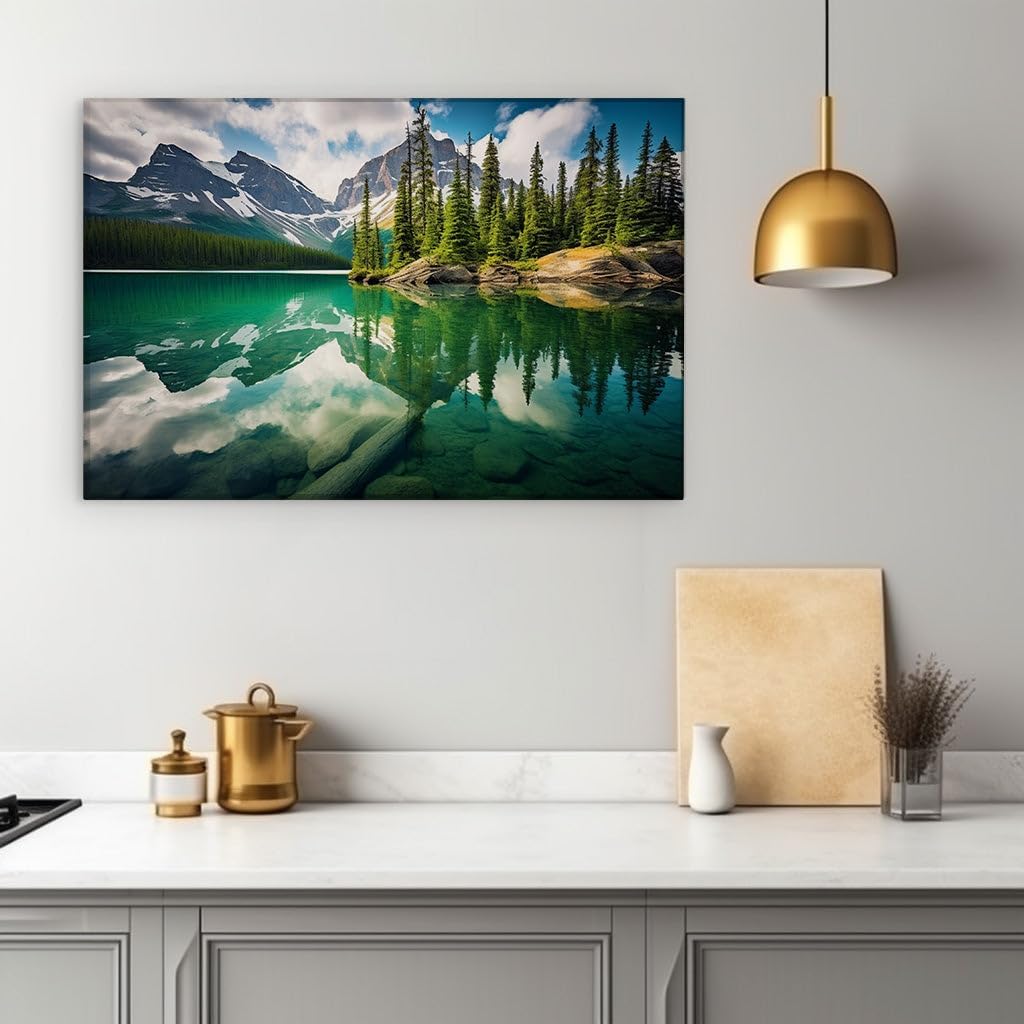 Canvas for Living room. Tranquil Waters and Towering Peaks: A Pristine Reflection of Nature's Serenity, 27 x 18 inch Canvas Wall Art - Contemporary Masterpieces - Modern Home Decor