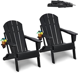 VEVOR 2 Juegos de Sillas Adirondack de Plástico Plegables y Portátiles de 800 x 755 x 915 mm para Exteriores, con Portavasos, Reposabrazos Relajante y Ergonómico para Jardín, Patio Trasero, Negro