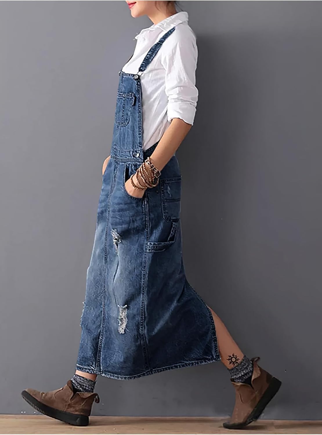 Yoeasy Women's Distressed Denim Overall Dress - Adjustable Strap Pinafore A-Line Mid Long Jean Bib - Image 3