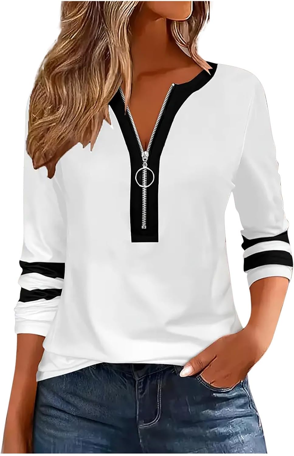 Tops for Women's Trendy Color Block Striped T-Shirts Long Sleeves 1/2 Zipper up Crewneck Tees Blouse Tunic Top