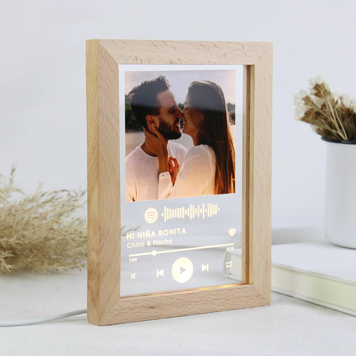Lámpara Placa Lámina Personalizada Código Canción Base Luz Led Madera Decoración Lámina Regalo Novio Novia Pareja Amiga (Lámina con Marco Madera)