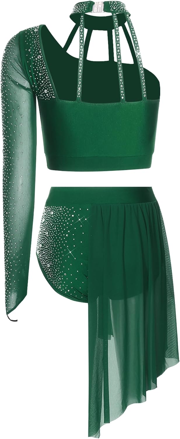 Vxuxlje Womens 2 Pcs Lyrical Dance Outfits Shiny Rhinestone Mehs Patchwork Crop Top with Shorts Sets Dark Green Small