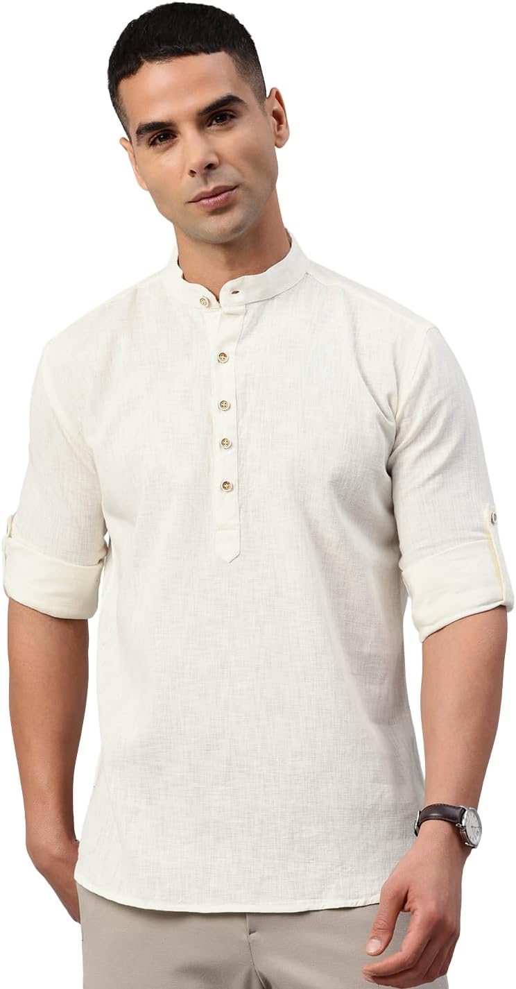 Men's Pure Cotton Solid Mandarin Collar Regular Fit Roll-Up Sleeves Short Kurta