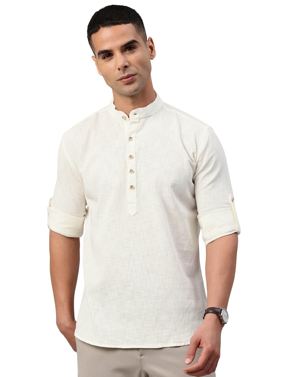 Majestic Man Men's Pure Cotton Solid Mandarin Collar Slim Fit Roll-Up Sleeves Short Kurta - Review, Price and Buying Guide