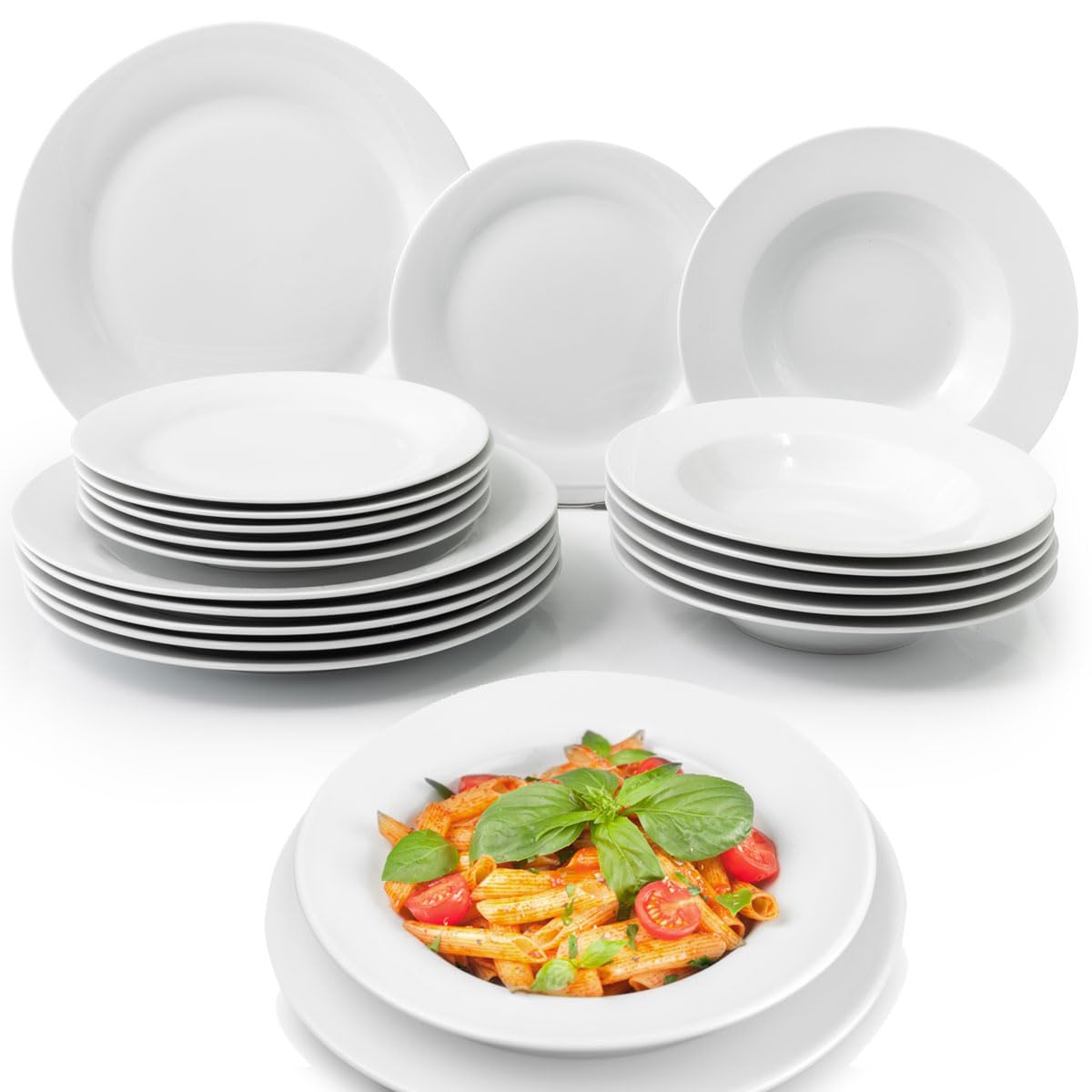 Shally Dogan Servizio di Piatti da Portata 18 Pezzi in Porcellana da Tavolo per 6 Persone, Set Composto da 6x Piatto Piano, 6x Fondo, 6x Dolce e Frutta, Design Moderno Liscio (Bianco)