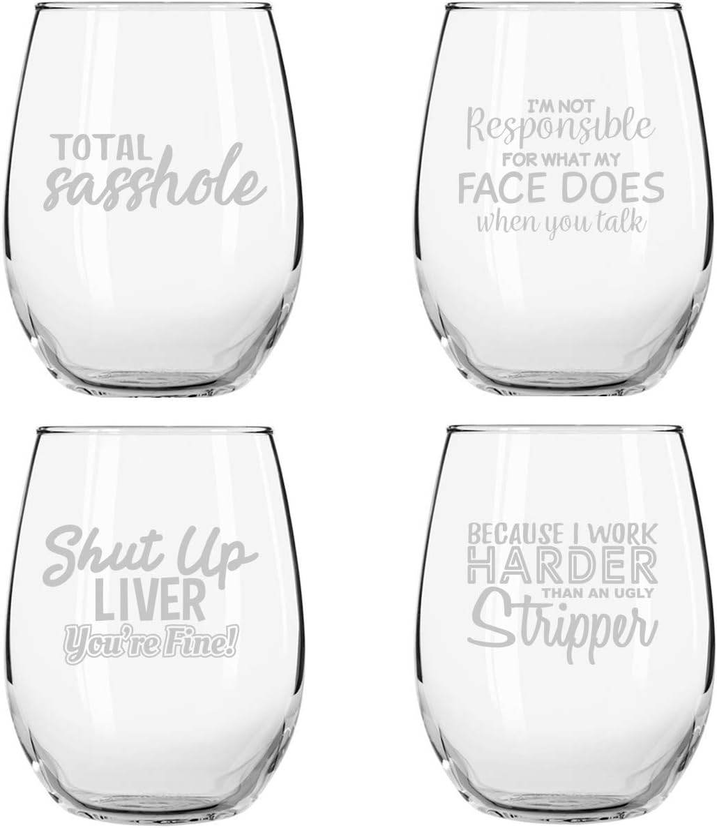 Set of 4 Crude & Rude Funny Wine Glasses (15 oz)- Novelty Glassware Gifts for Women- Hilarious Party, Event, Hosting Fun- Wine Lover Glass w/Funny Sayings- Birthday Wine Gift for Friends- Made in USA - Image 4