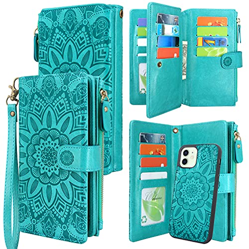 Harryshell iPhone 12/12 Pro Wallet Case - Detachable Magnetic Zipper, 12 Card Slots, Cash Pocket, Wrist Strap, Floral Blue Green