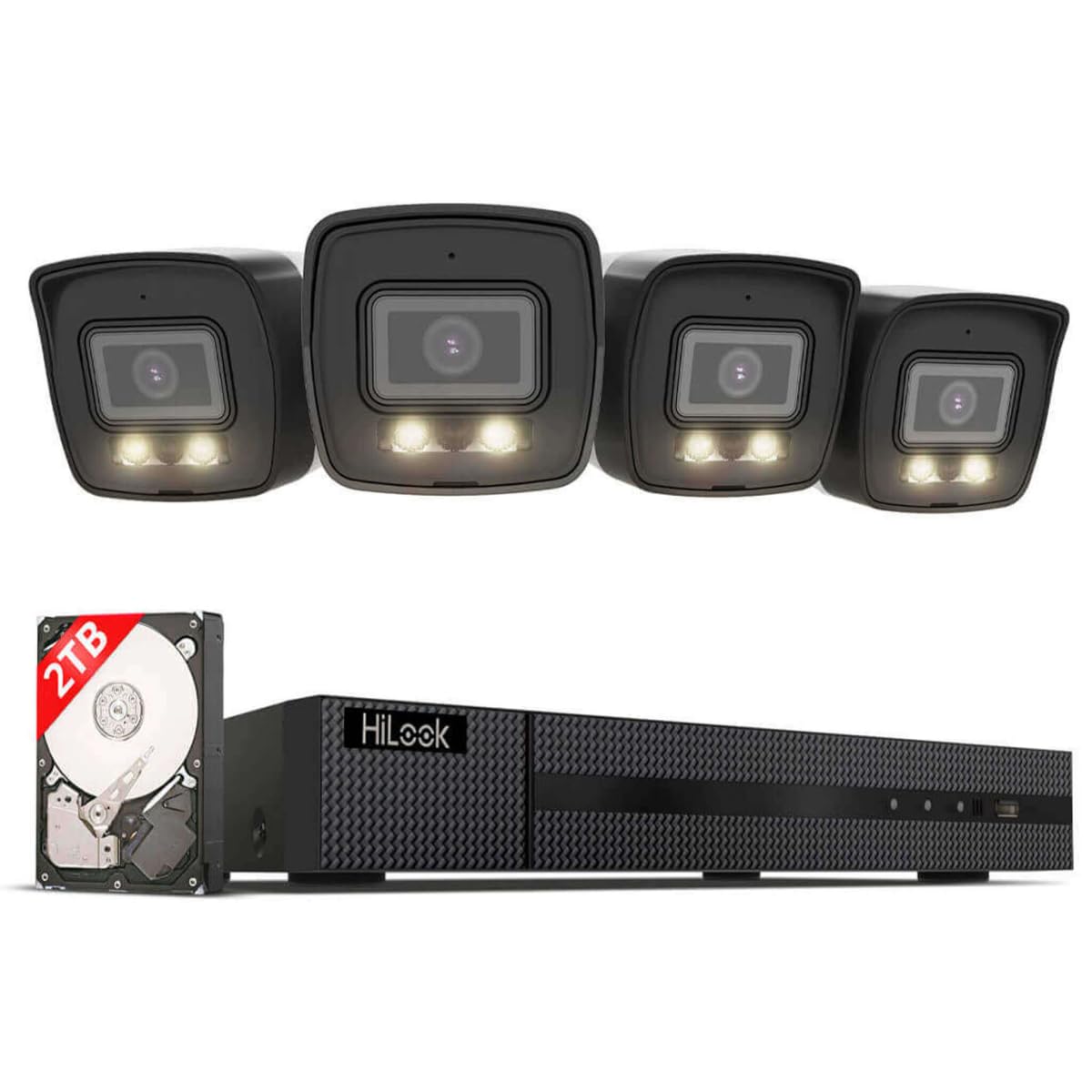 HiLook® by HIKVISION PoE Überwachungskamera Set mit 4X 6MP Bullet Kameras und Hybrid Light Nachtsicht Schwarz KI Person Fahrzeugerkennung 8CH NVR 4K 2TB HDD wetterfest App Steuerung Outdoor