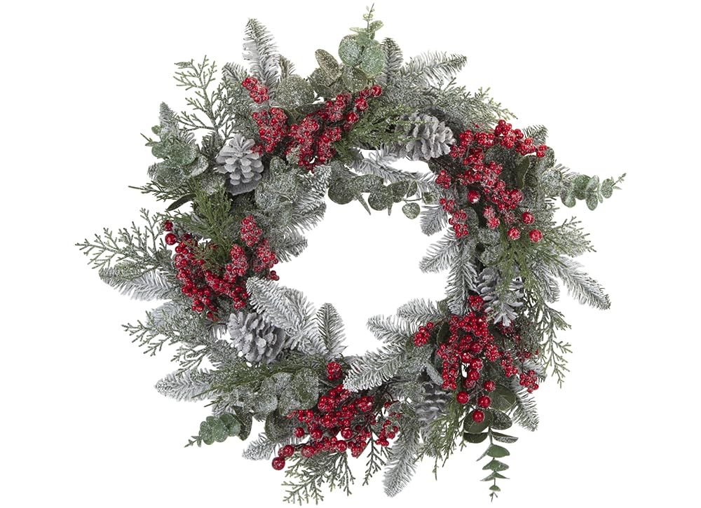 PMS Wreath with Red Berries & Cone 24" – Traditional Christmas Door Wreath with Pine Cones and Festive Greenery – Seasonal Decorative Display