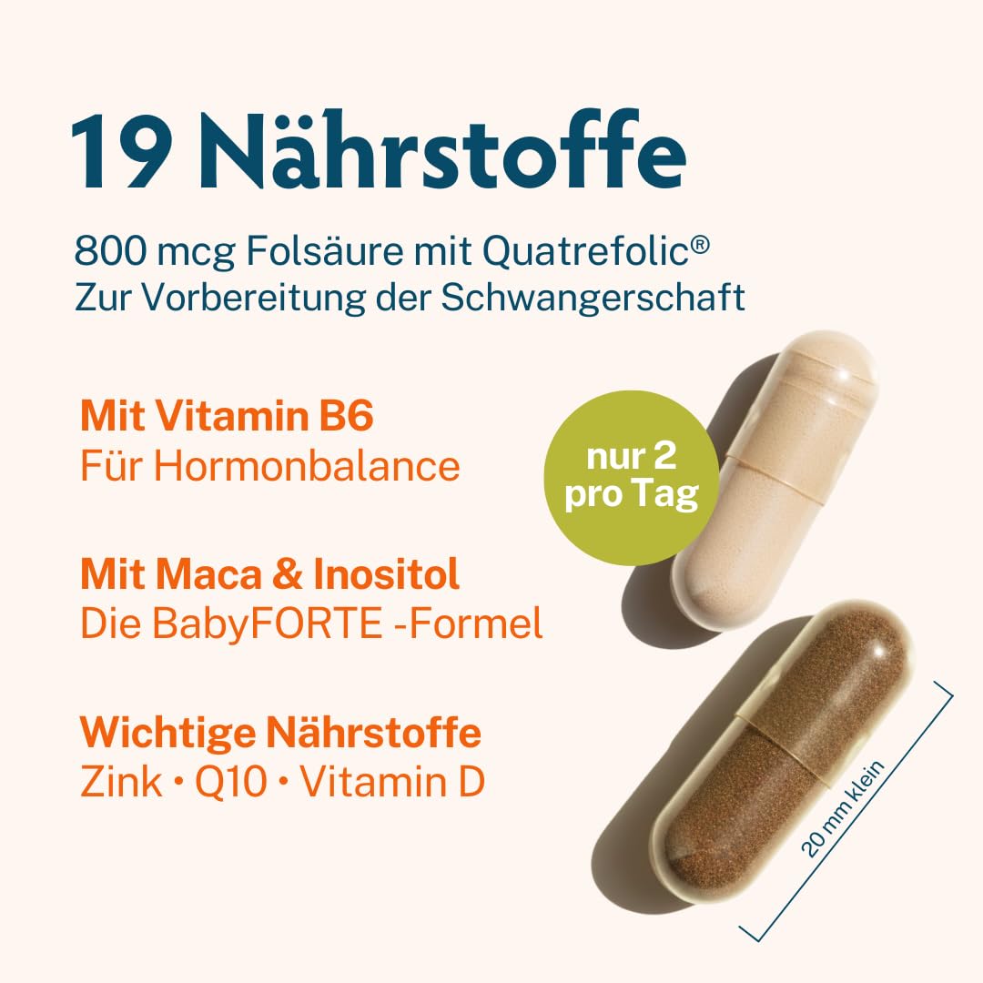 BabyFORTE Kinderwunsch Tabletten | vegan | Folsäure 800 μg, Quatrefolic®, Maca, Inositol, Jod | 180 Kapseln | Vitamine Schwangerschaft