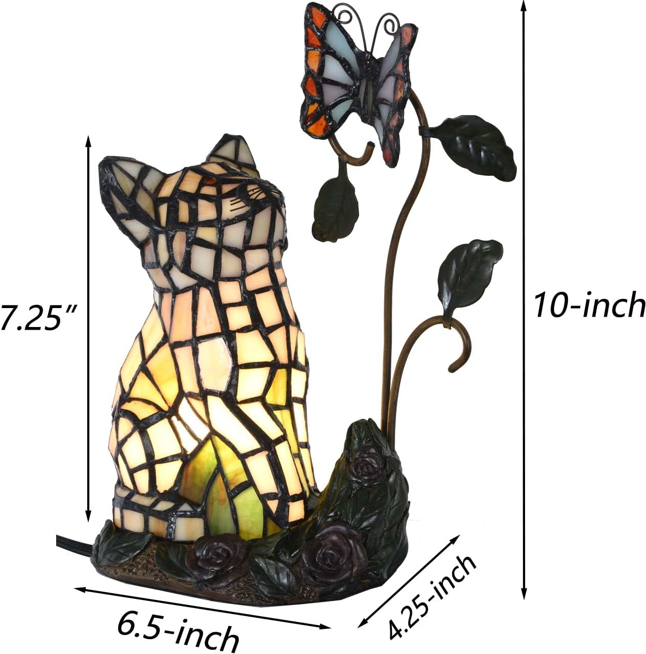 Bieye L10891 Tiffany-Style Stained Glass Cat Accent Table Lamp - Adorable Orange Cat Watching a Butterfly - 10-Inch Tall