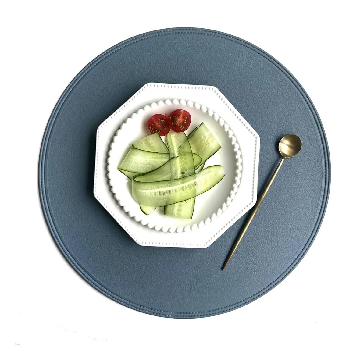 4 pcs Imitation Leather Placemat Coaster Pads PVC Round Plate Mat Edge Pressing Table Placemats for Kitchen Dining Table Decoration(Blue)