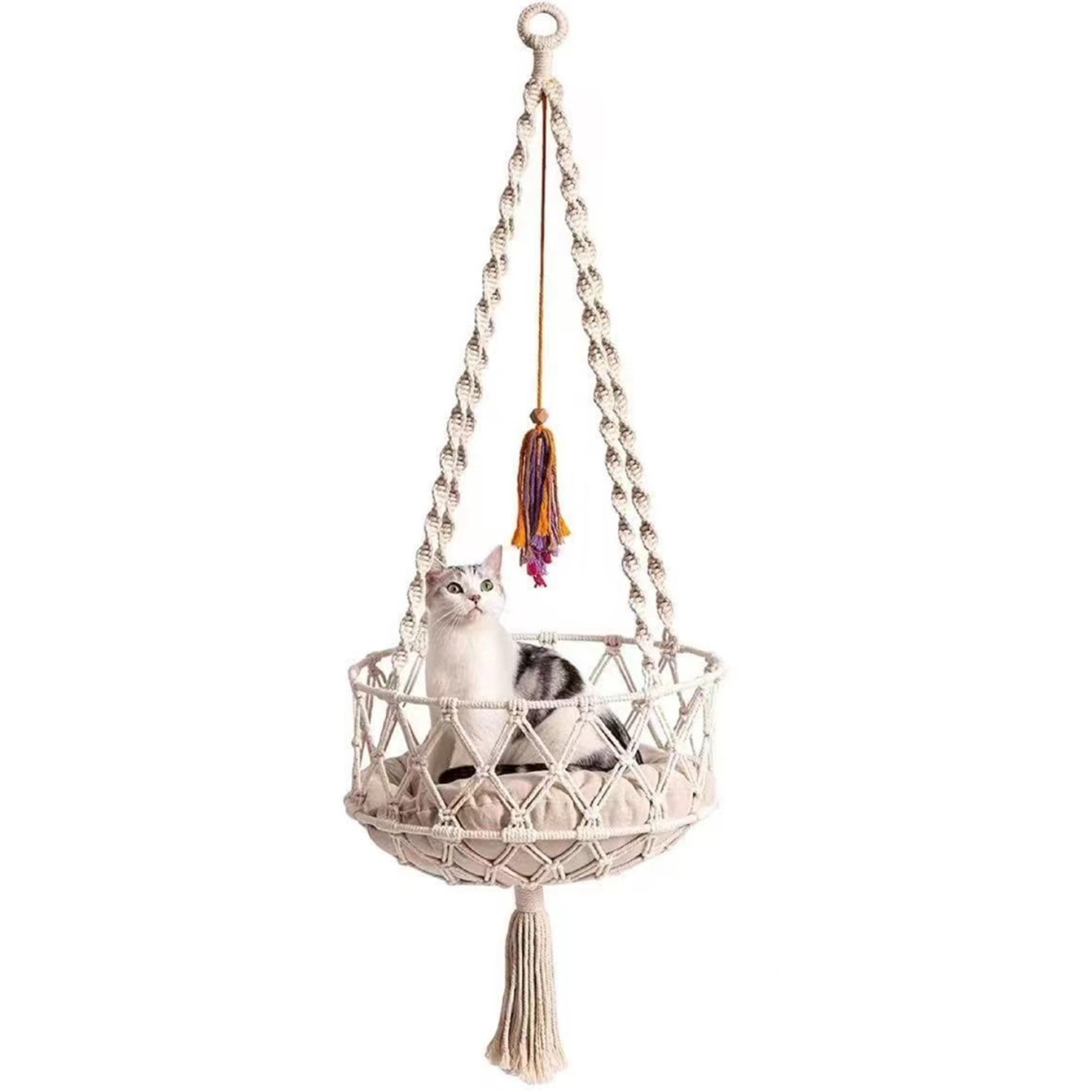 Katzenschwung 49 Zoll Hanges Katzenbett mit Baumwollmatte Boho -Katze Hängematte mit Quasten Platz sparsamer Katzenbett zum Schlafen und Lautstärken von Katzenfenster Hängematte Katze Hängematte Bedc