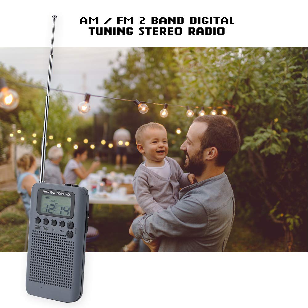 Portatile Radio Pocket Mini 2 Bande 8UV Stereo Digital Tuning Radio LCD per Escursionismo Jogging(Grigio)