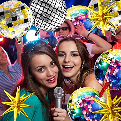 16 Pcs Disco Ball Balloons,4D Disco Balloons,22 Inch Disco Party Balloons,Gold Explosion Star Foil Balloons,Self-Sealing Metallic Mirror Balloons For 70S 80S 90S Theme Disco Party Decorations #TOP5