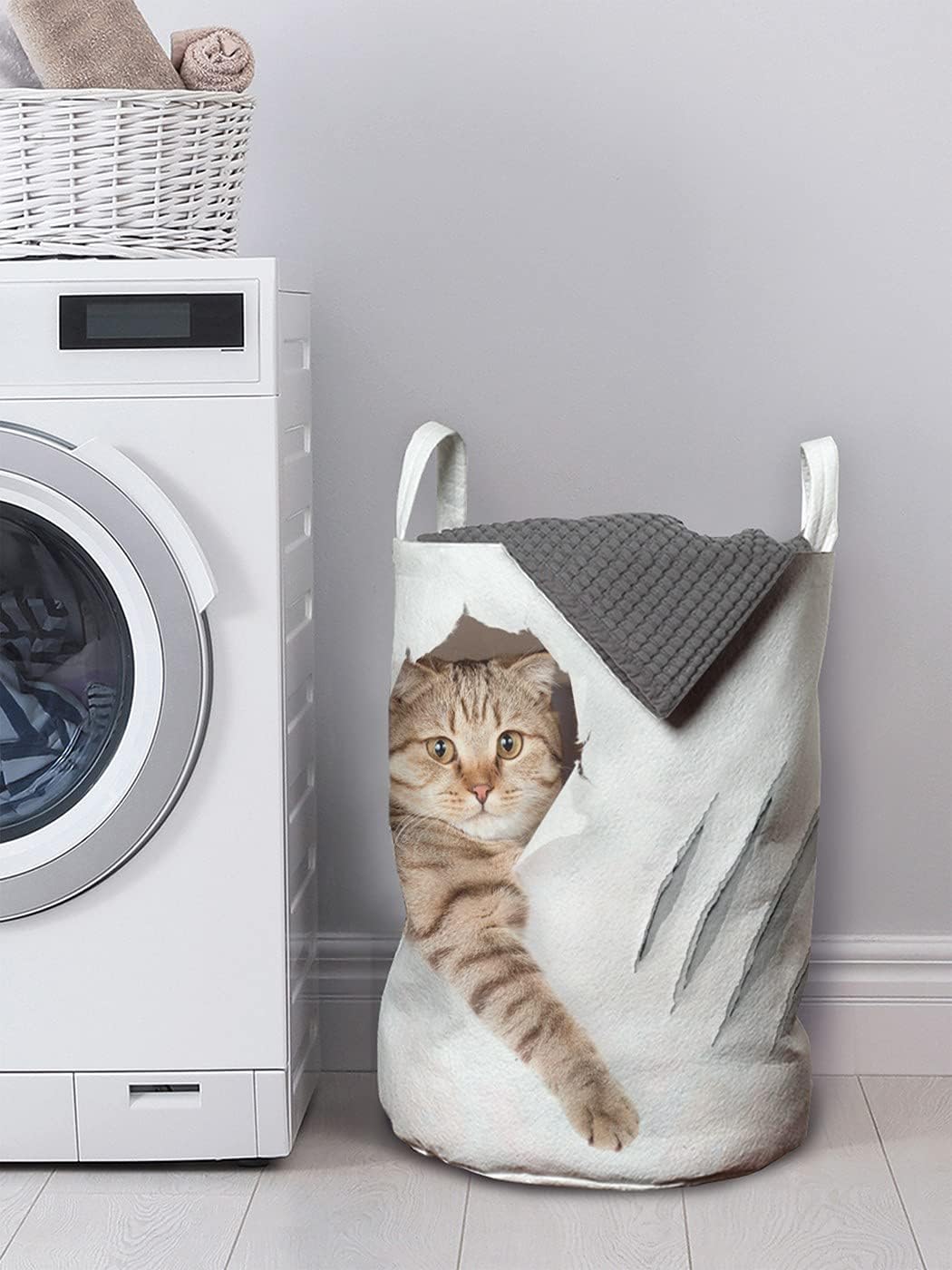 Ambesonne Cat Laundry Bag, Kitty Scratching with Claws Tearing The Plain Background Funny Kitten Lover, Hamper Basket with Handle Drawstring Closure for Laundromats, 13" x 19", Pale Camel White