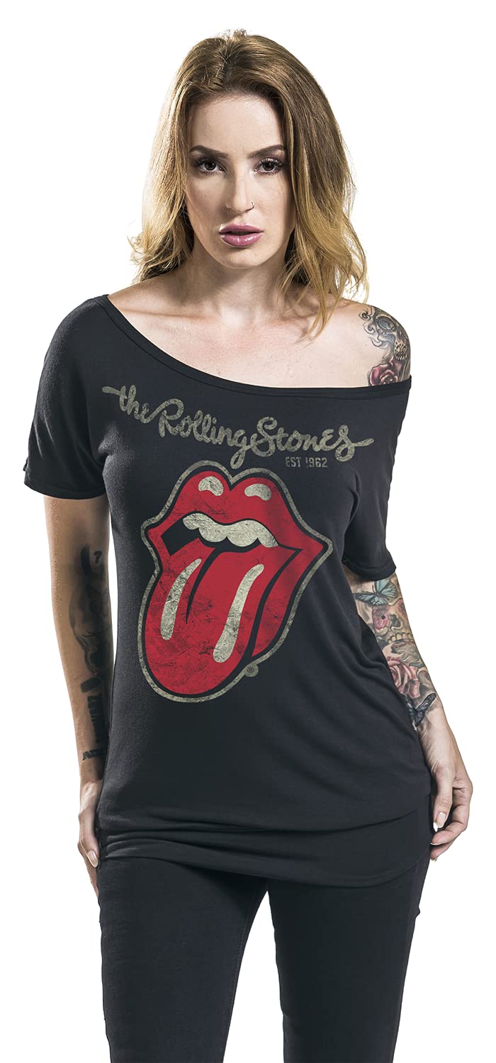 The Rolling Stones Langue Usée Femme T-Shirt Manches Courtes Noir Regular/Coupe Standard