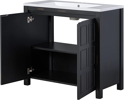 Miniatura 4 de Merax Tocador de baño de 36 pulgadas con puerta de cierre suave, gabinete de almacenamiento combinado y parte superior cuadrada de resina blanca,