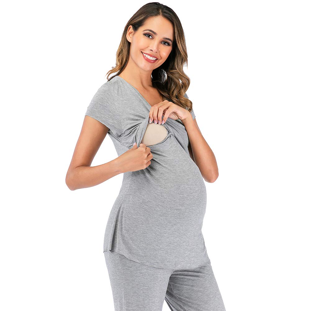 rismart Conjunto de Pijama de Maternidad Camisetas de Manga Corta y Pantalones Largos Premamá Lactancia Camison