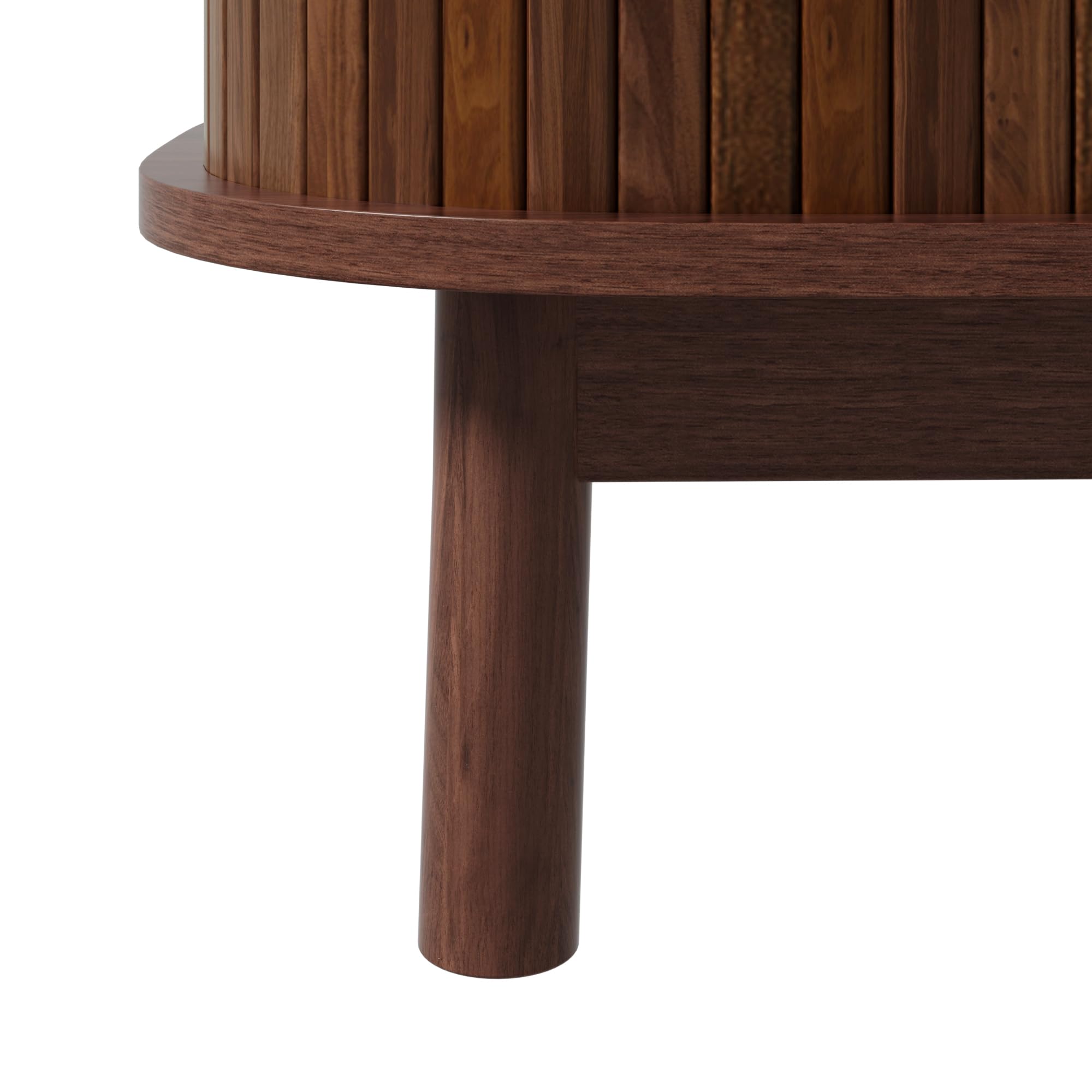 Mueble de TV moderno de nogal con aspecto de madera con cajones y compartimentos de almacenamiento, esquinas redondeadas, patas de madera sólidas, armario de TV con espacio de almacenamiento