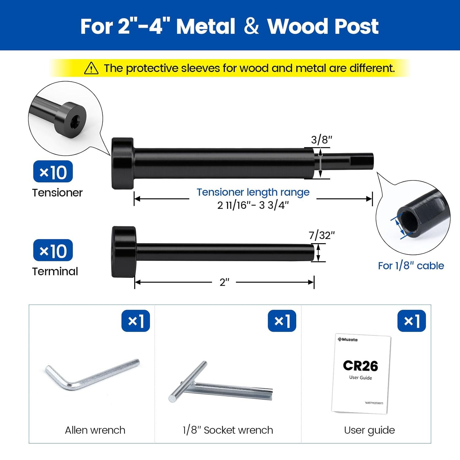 [Patent] Muzata 20 Pack 1/8" Black Invisible Cable Railing Hardware Kit 10Pair Tensioner and Terminal for 2"x2" 4"x4" Wood Metal Post T316 Stainless Steel Deck Cable Railing System CR26