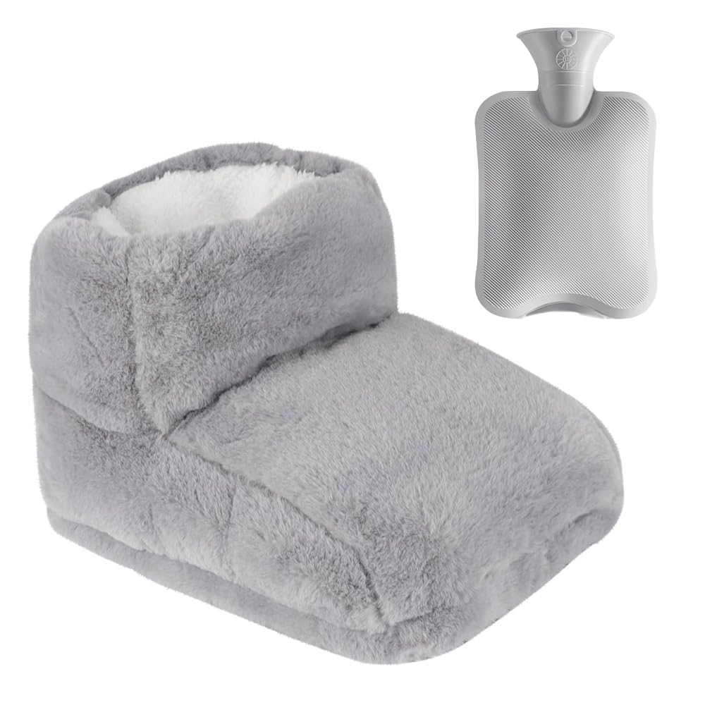 Chauffe-Pieds, Chauffe Pied Non Électrique, 2 in 1 Chauffe-Pieds Peluche avec 1L Bouillottes, Bottes Chauffants, Super Doux et Chaud, 30x25cm Chausson Chauffant pour Femme Homme (Gris)
