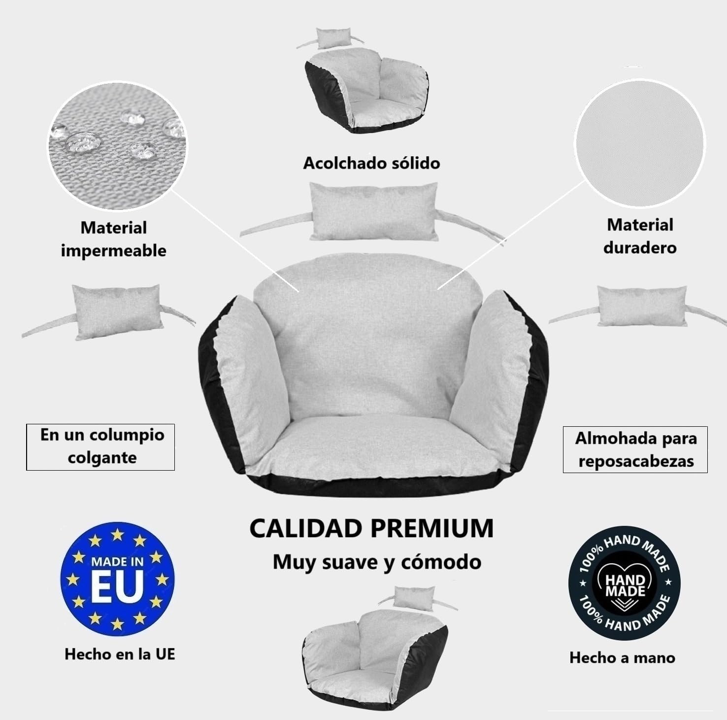 Almohadilla de Asiento para sillón Colgante con Respaldo reposacabezas Columpio para Colgar fácil de Limpiar Impermeable