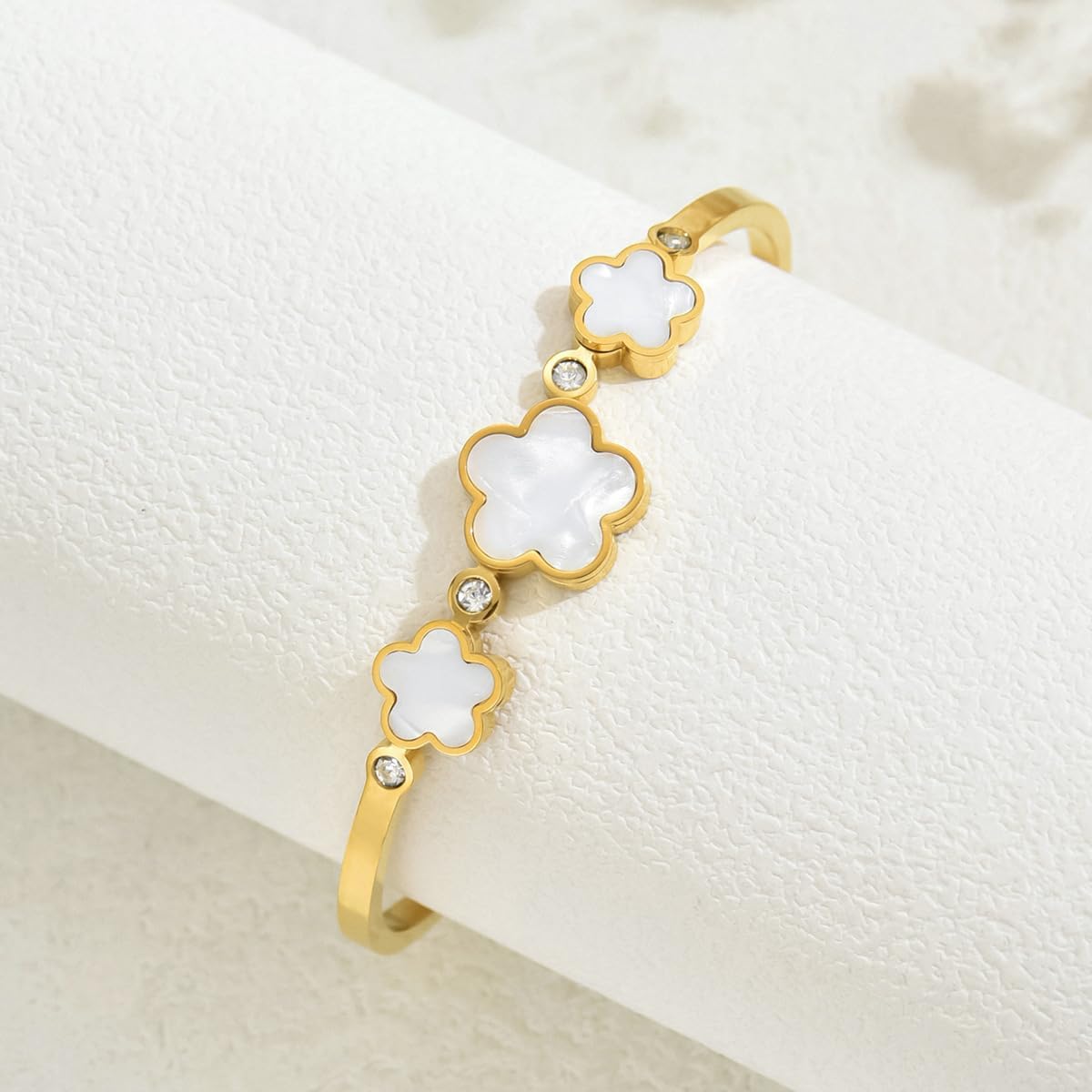 Women's Five Leaf Clover Bracelet 2.44IN Golden Mother of Pearl Three Cinquefoils Spring Bracelet No Color Loss Cuff Bracelet Jewelry - Image 8