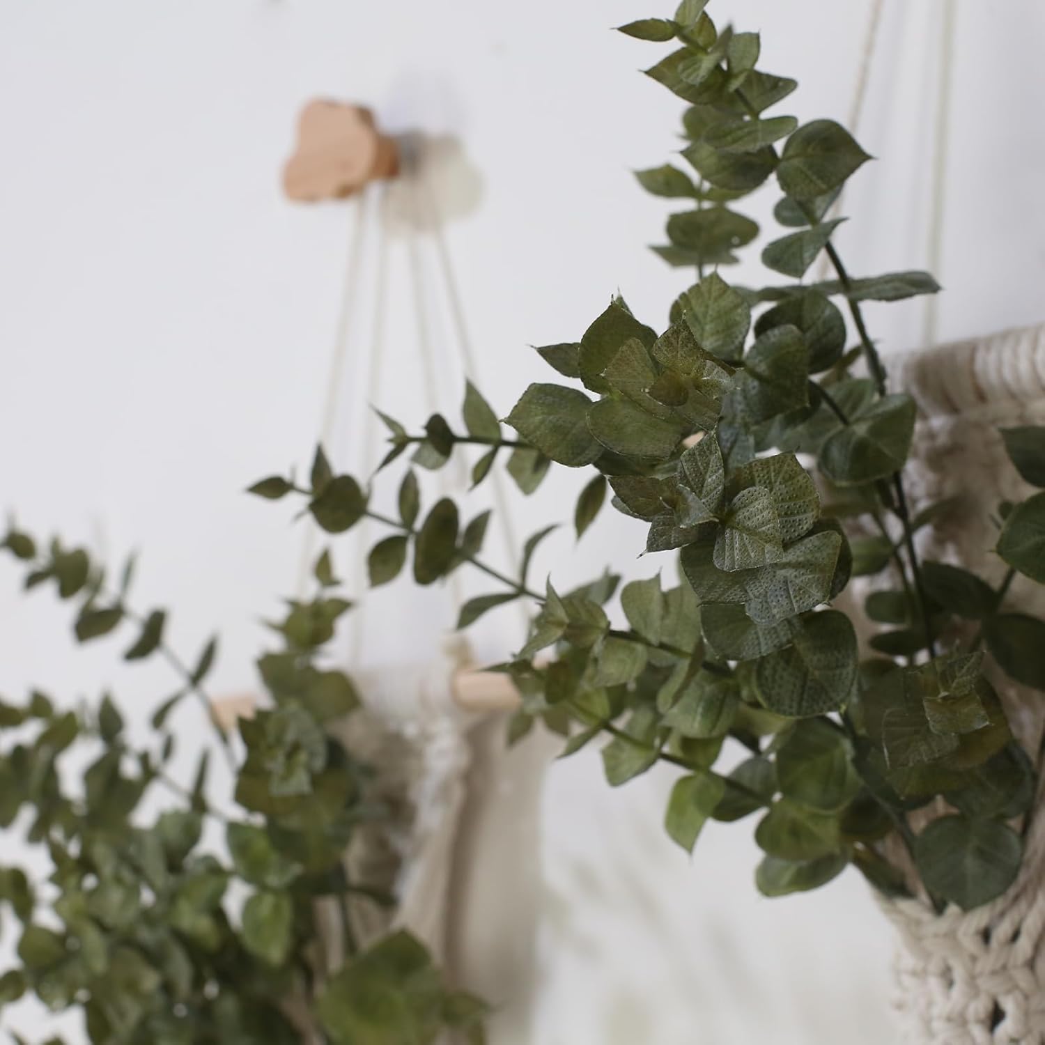 Macrame Bohemian Wall Hanging, White Cotton Rope with Artificial Plant, Handcrafted Boho Tapestry with LED Lights, Decorative Wall Art,Earthy Wall Decor(Eucalyptus-Green)