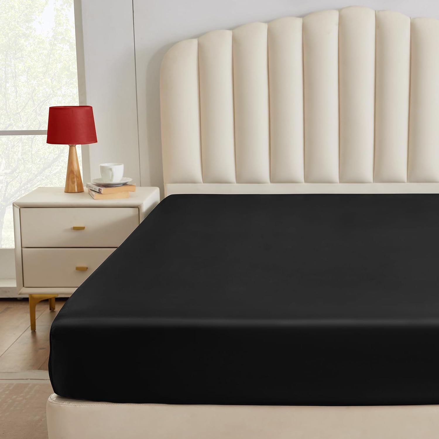 CozyLux Satin Fitted Sheet Full Size, Black Silky Satin Bed Fitted Sheet Only with Silky Microfiber, Deep Pocket, Single Bottom Sheet Sold Separately, Breathable, Smooth and Soft