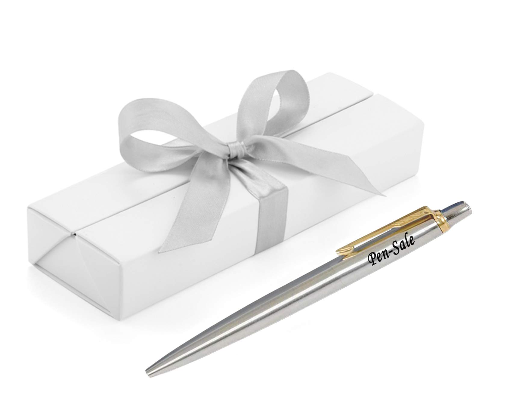 Personalised Engraved Parker Jotter Stainless Steel Gold Trim Ballpoint Pen in a White Box with Silver Ribbon, Black ink, Custom Gifts for Christmas - Enter Your Custom Engraving