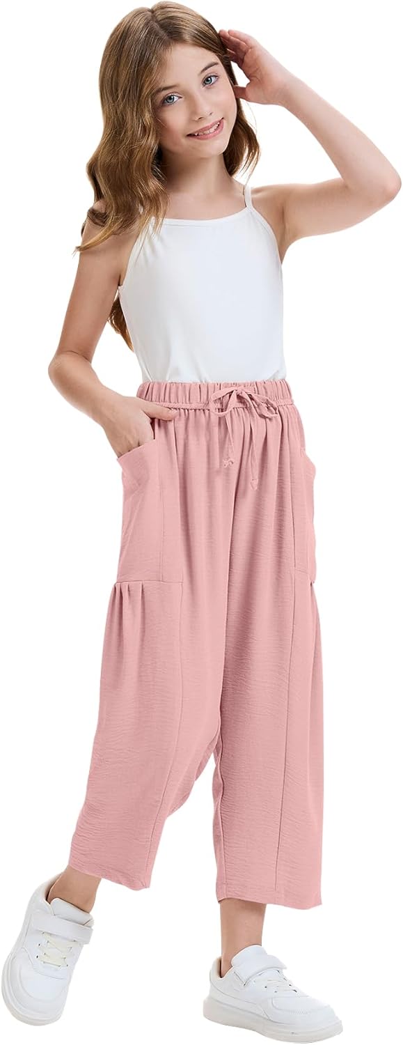 COZYPOIN Girl’s Wide Leg Pants Elastic Waist Loose Fit Flowy Casual Beach Palazzo Harem Trousers with Pockets 5-14 Y - Image 4