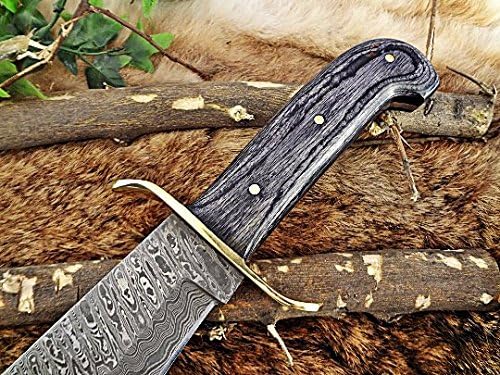 Miniatura 3 de Cuchillo Bowie de caza de acero de Damasco forjado a mano de 15 pulgadas, madera de dólar negro de 2 tonos con protector de dedo de latón, funda de