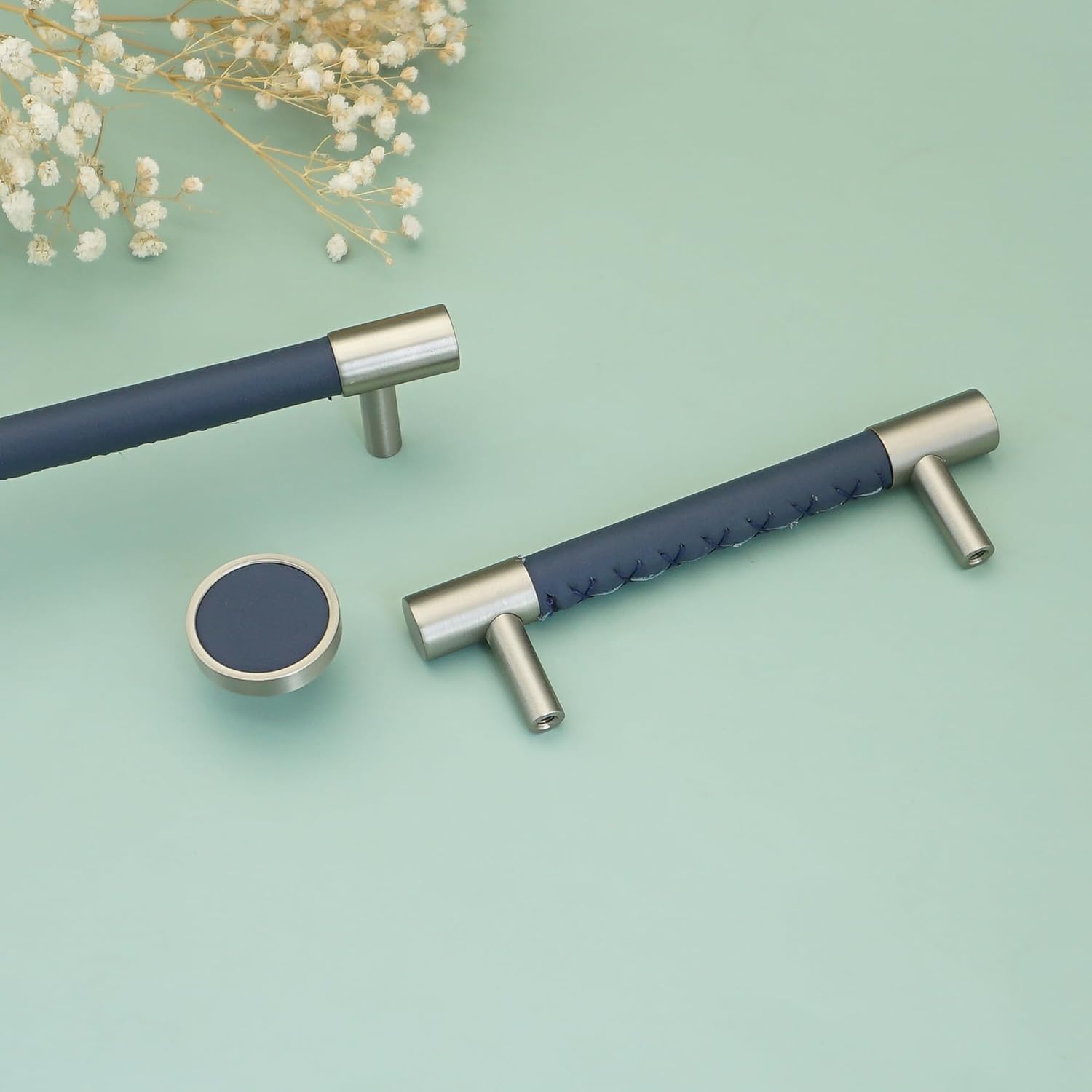 MFYS Blue Leather Drawer Pull Handle for Cabinet Brass Nickel Dresser Knob Handle for Kitchen or Bathroom (Round knob)