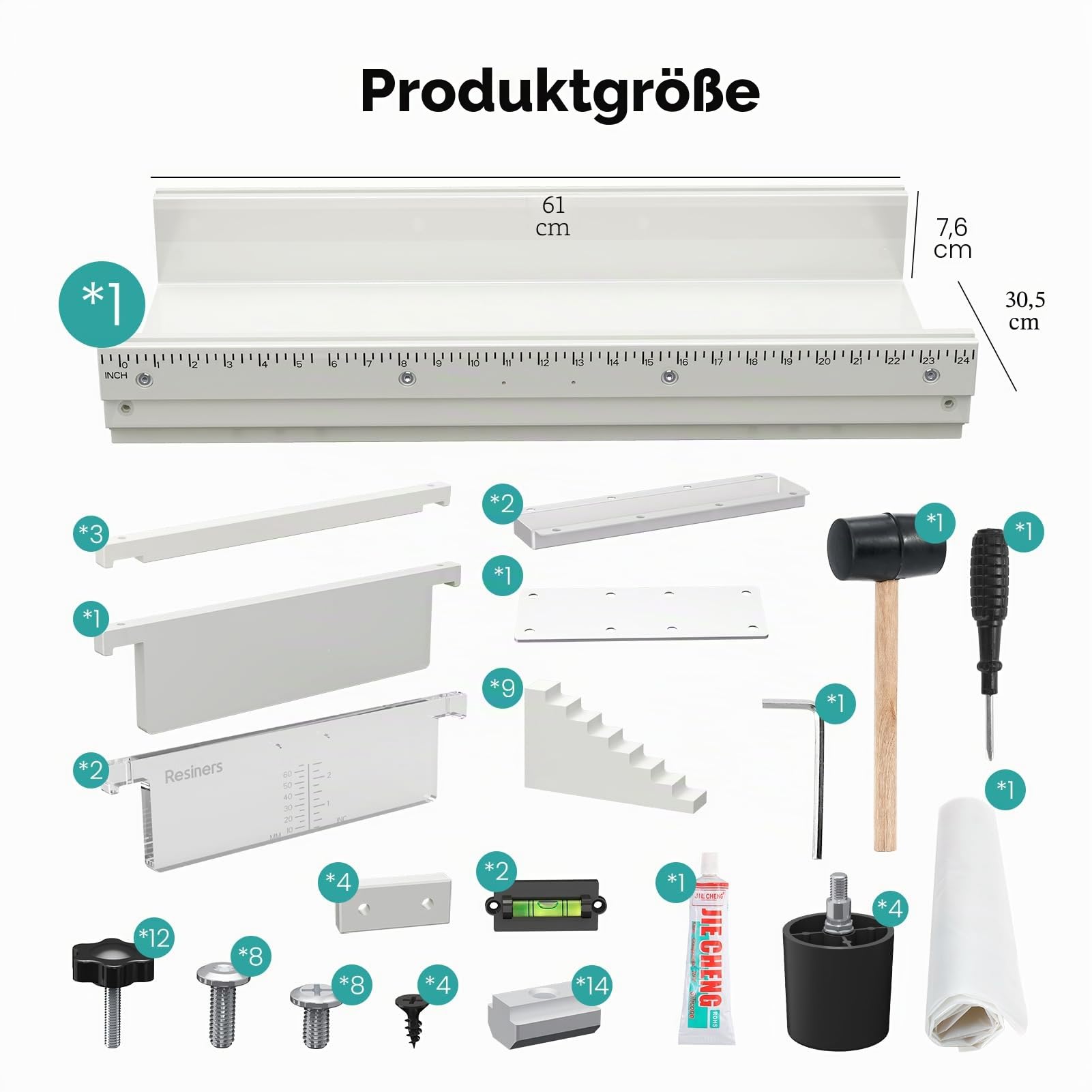 Resiners Epoxidharz-Form mit verstellbarer Trennwand, 61 x 30,5 x 7,6 cm, mit Wasserwaage, Füllklemmsystem und transparenter Tiefenplatte, ideal