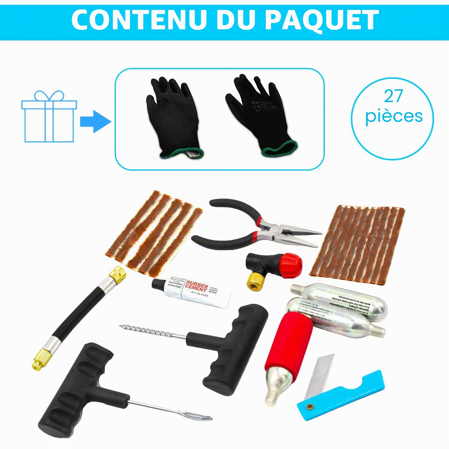 Kit de réparation de pneus de Moto, kit Portable pour réparation de pneus sans Chambre à air, gonflage, crevaison Rapide, Cartouches de (Pro 3 CO2)