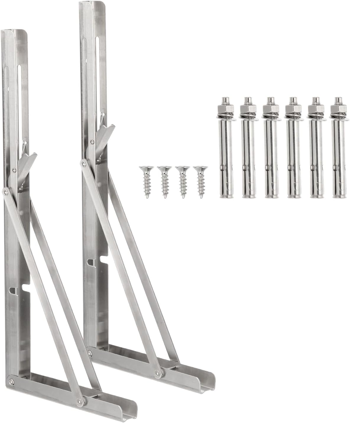 PATIKIL Folding Wall Shelf Brackets 7", 2 Pack Heavy Duty Stainless Steel Collapsible Wall Mounted Shelf Bracket Max Load 220lb Space Saving for Table, Silver