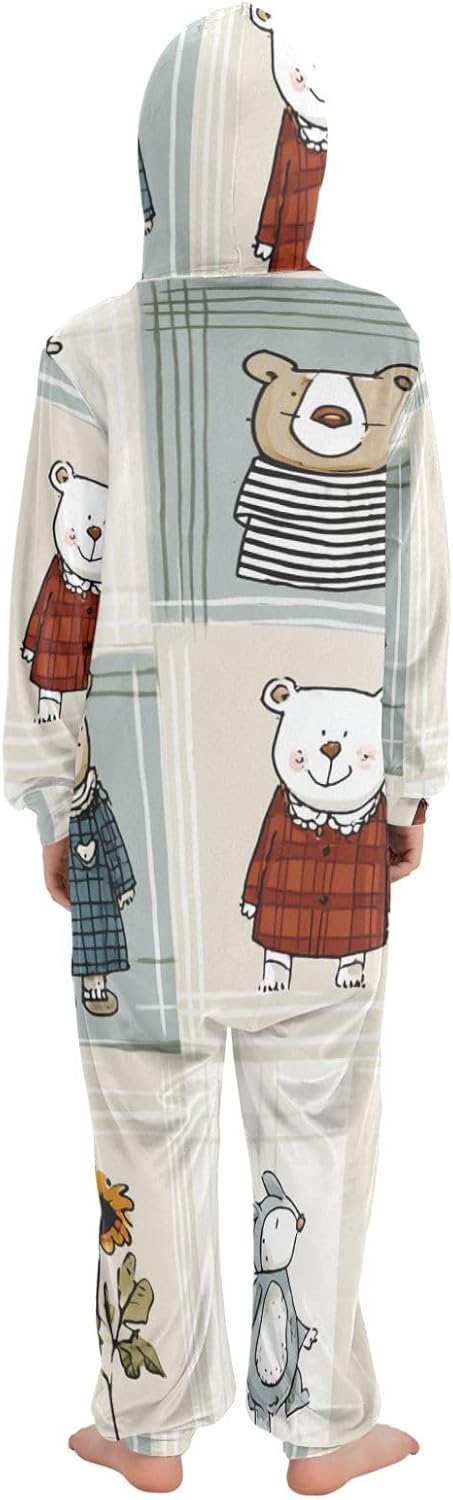 Cartoon Animal Flower PlaidPajamaSoft Casual Hooded One-Piecing Costume Sleepwearfor Christmas Home