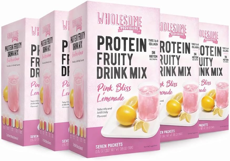 Protein Fruit Drink Mix, 15g Protein, Low Sugar, Collagen + Prebiotics, No Artificial Colors or Dyes, Refreshing by Wholesome Provisions (Pack of 5, Pink Lemonade)